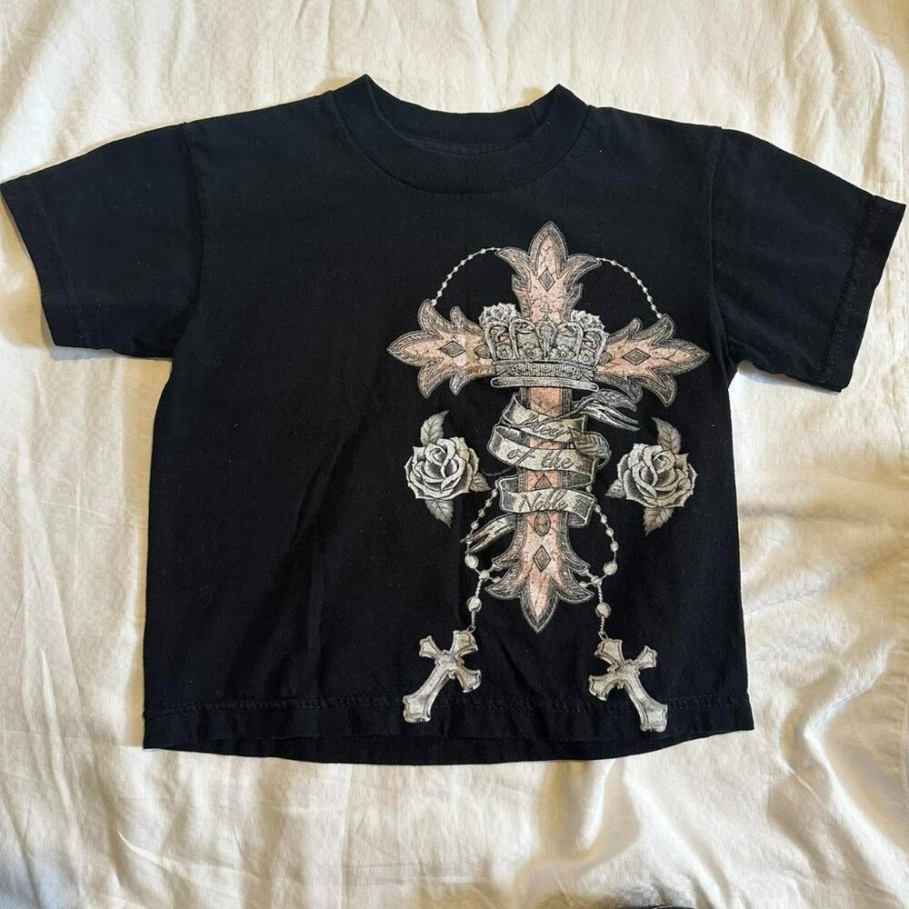 Black Graphic Tee with Gothic Cross, Crown, and Rose Design